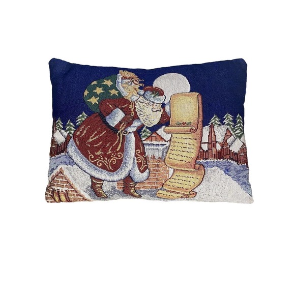 Santa Claus Tapestry Pillow - on roof checking list with bag of toys ~ 17" x 11" - Picture 1 of 9